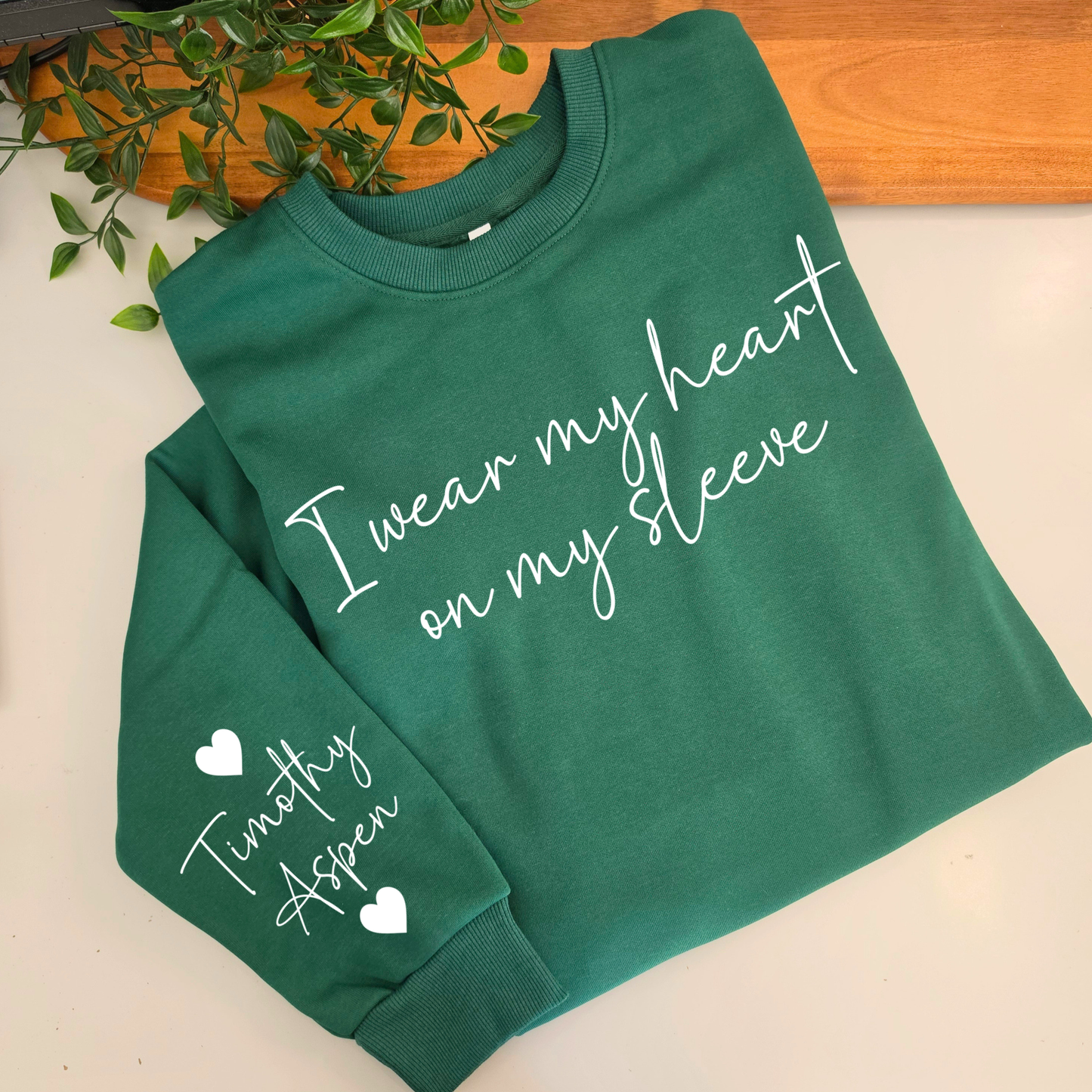 I wear my heart on my sleeve women's fleece jumper, mum sweatshirt, mothers day gift, personalised jumper, names on sleeve, mum sweater, mum jumper