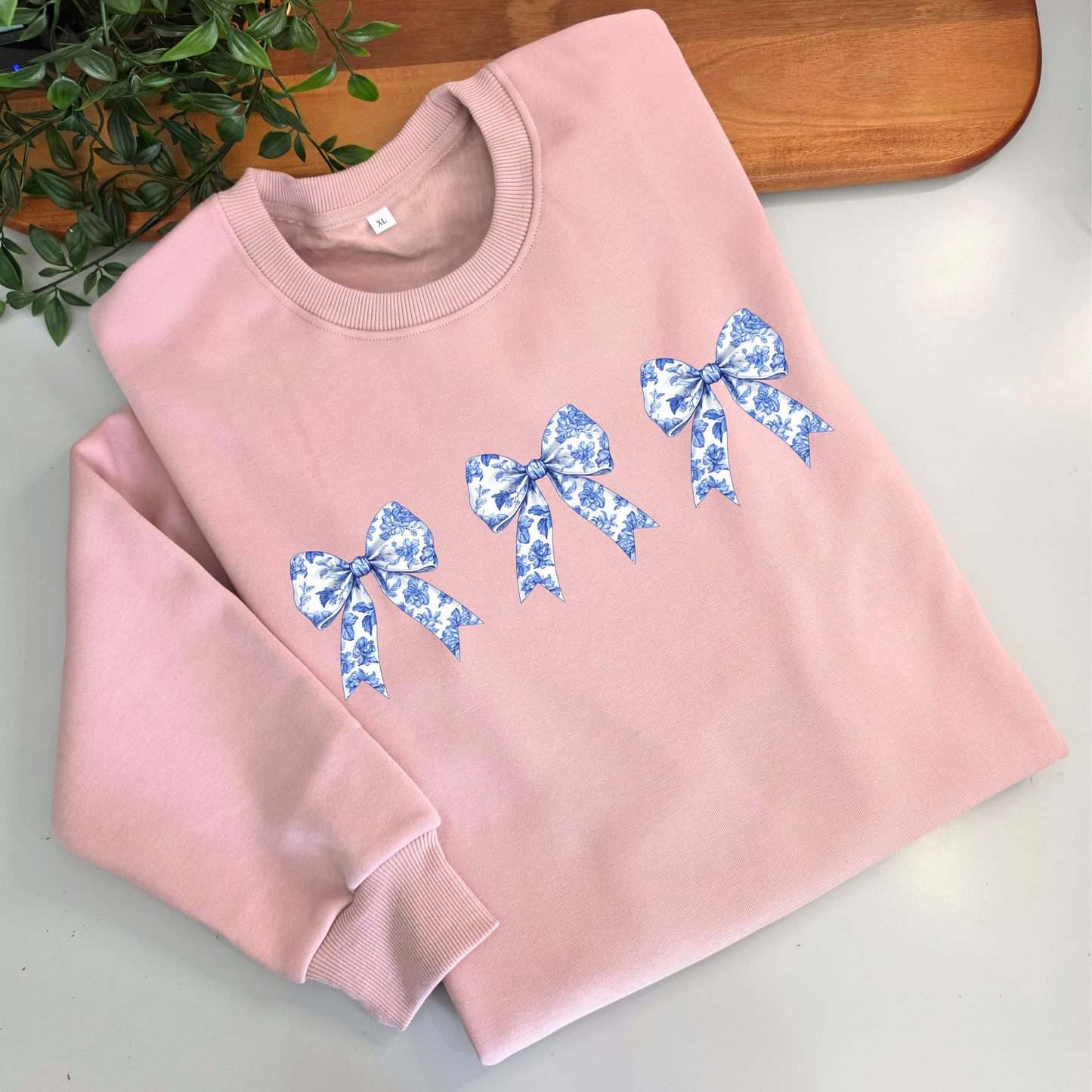 Antique Style Coquette Chinoiserie Blue Floral Bow Jumper