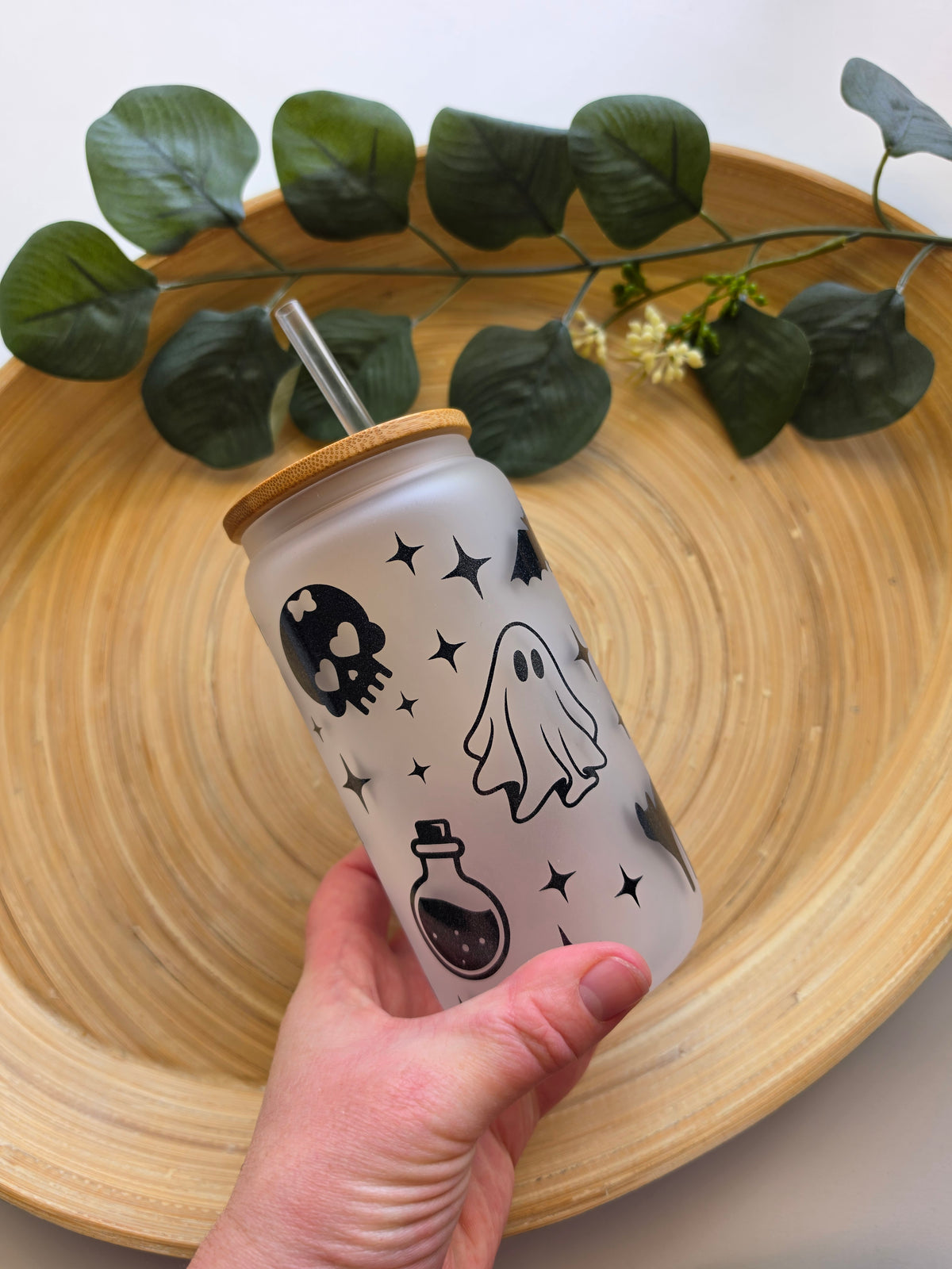 Spooky Halloween Design 16oz glass cup with bamboo lid & reusable plastic straw