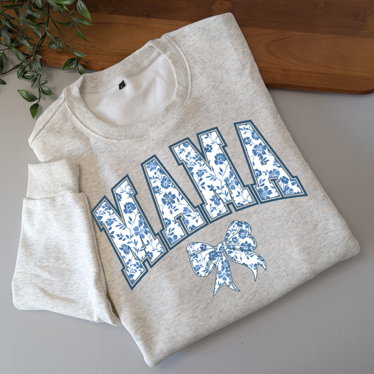 Blue Coquette Personalised Blue Floral Bows Jumper. Mum, Grandma, Auntie, Gigi, Nanny Jumper