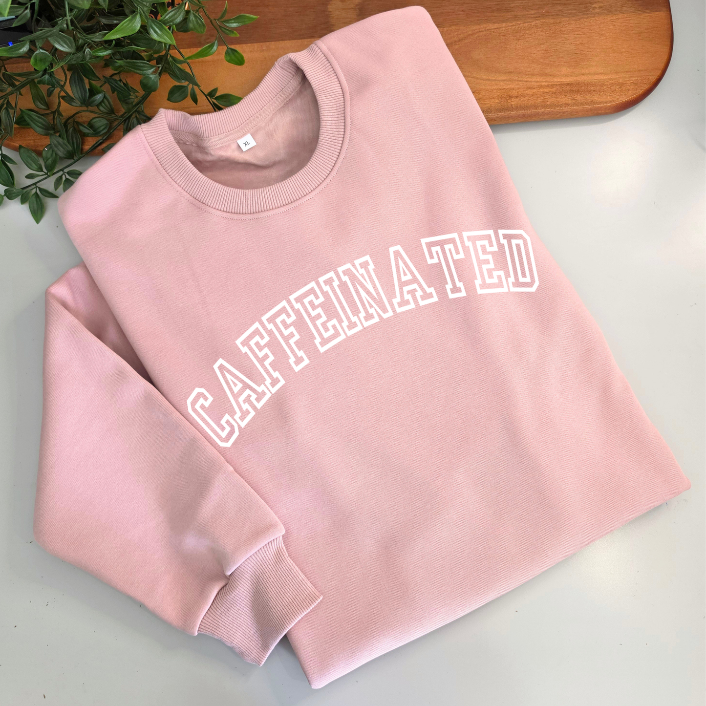 Caffeinated fleece jumper. Women's coffee lover sweatshirt. Caffeinated crewneck sweat. Grey jumper