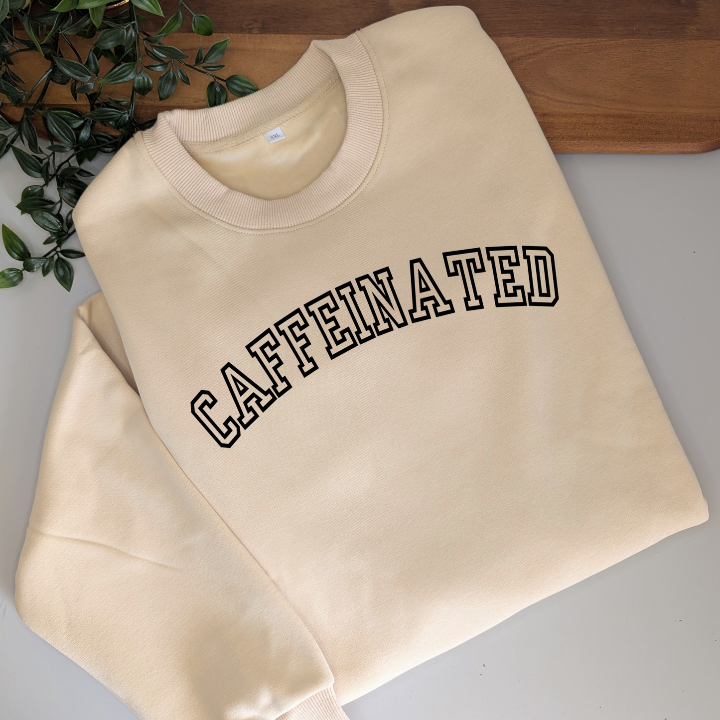 Caffeinated fleece jumper. Women's coffee lover sweatshirt. Caffeinated crewneck sweat. Grey jumper
