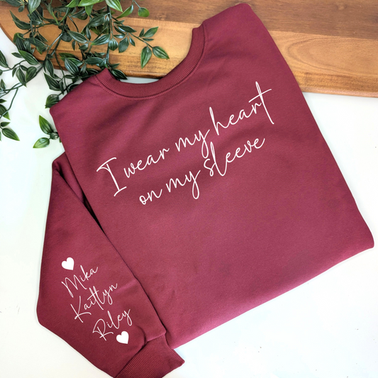I wear my heart on my sleeve women's fleece jumper, mum sweatshirt, mothers day gift, personalised jumper, names on sleeve, mum sweater, mum jumper