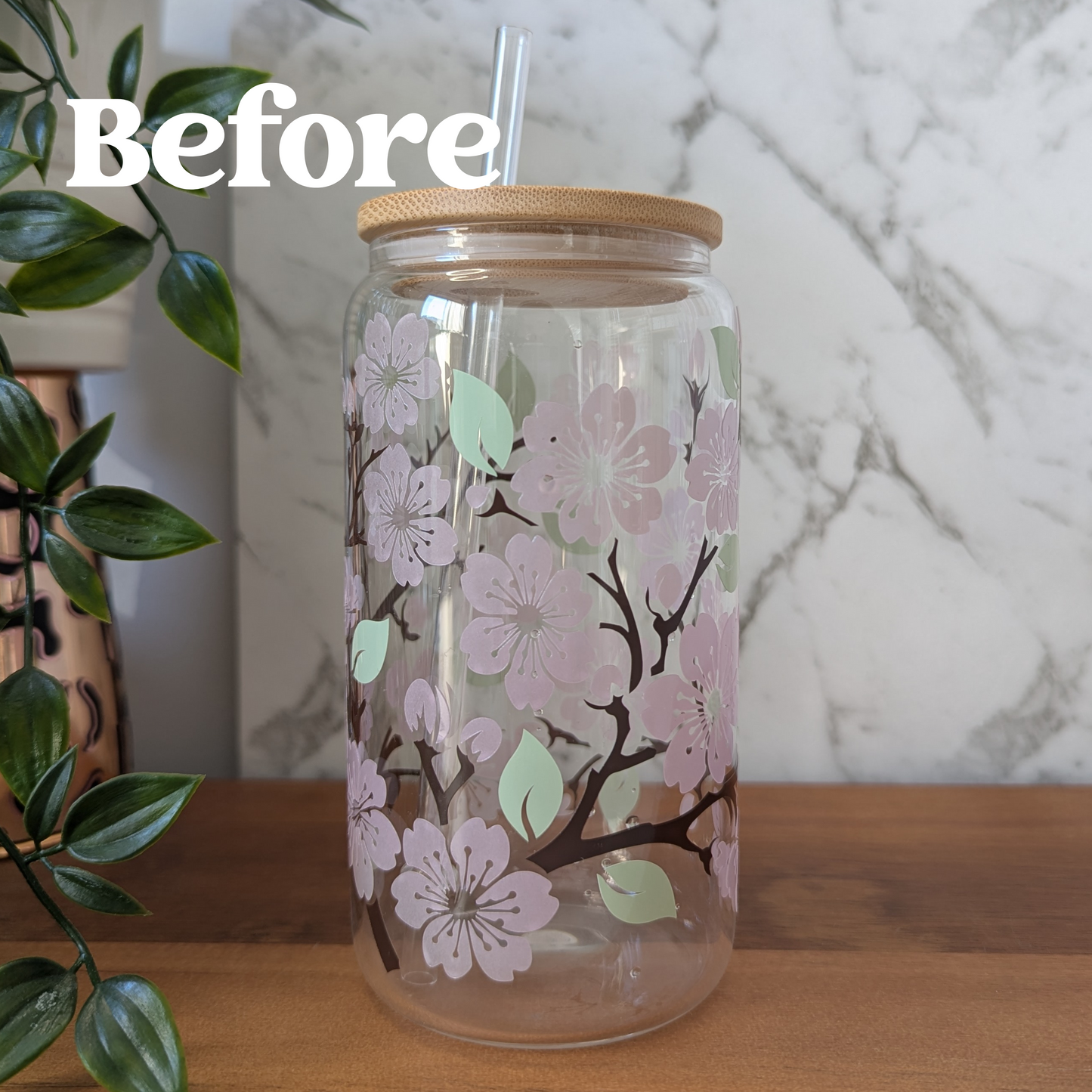 Cherry Blossom 16oz glass cup or 17oz glass mug with bamboo lid & reusable plastic straw