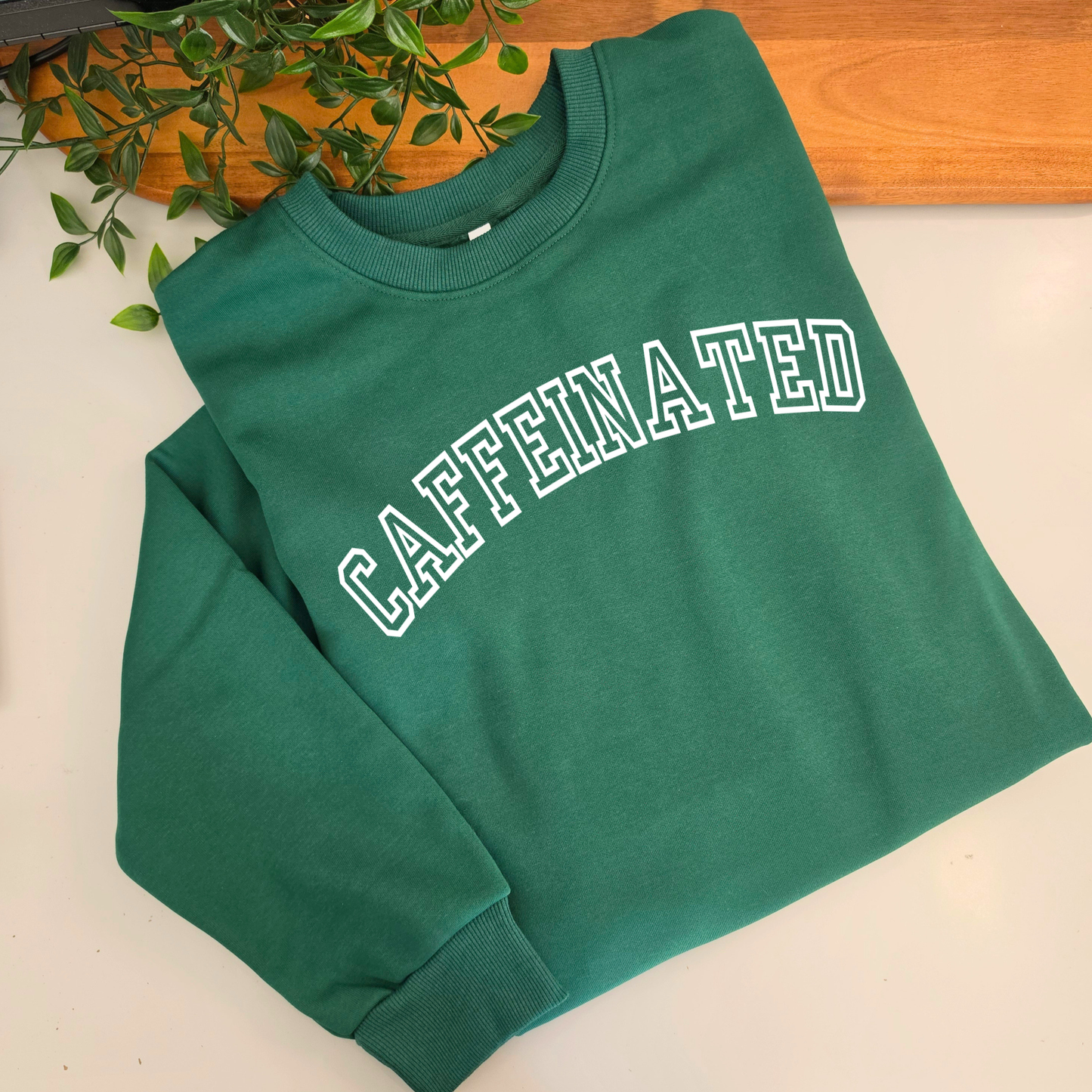 Caffeinated fleece jumper. Women's coffee lover sweatshirt. Caffeinated crewneck sweat. Grey jumper