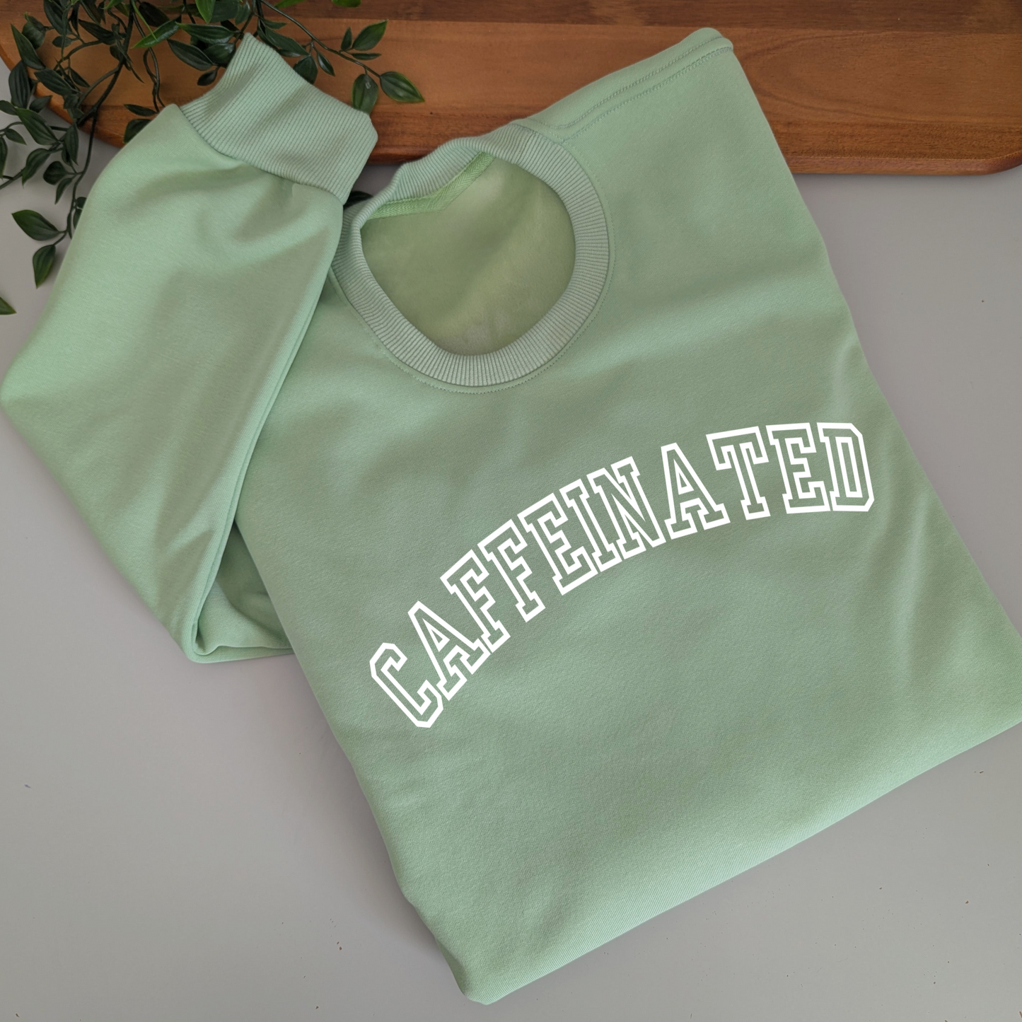 Caffeinated fleece jumper. Women's coffee lover sweatshirt. Caffeinated crewneck sweat. Grey jumper