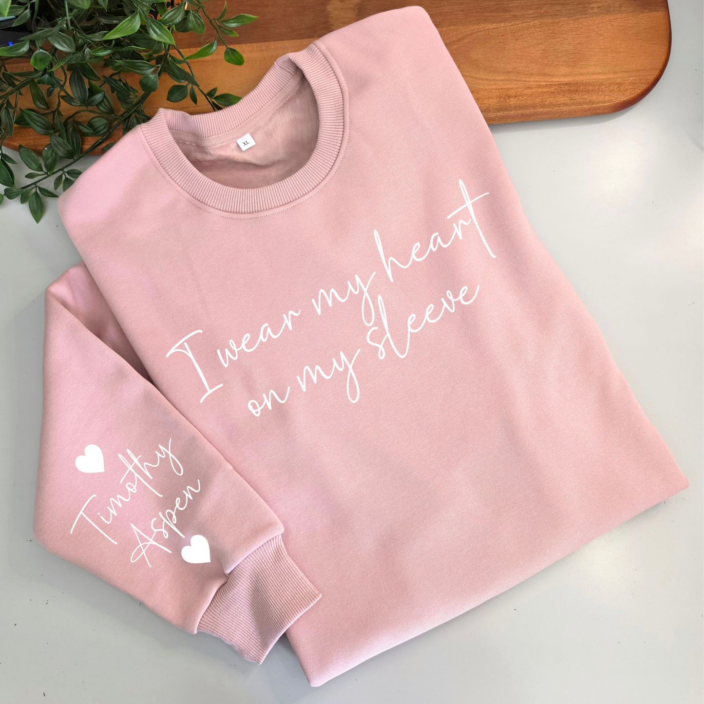 I wear my heart on my sleeve women's fleece jumper, mum sweatshirt, mothers day gift, personalised jumper, names on sleeve, mum sweater, mum jumper