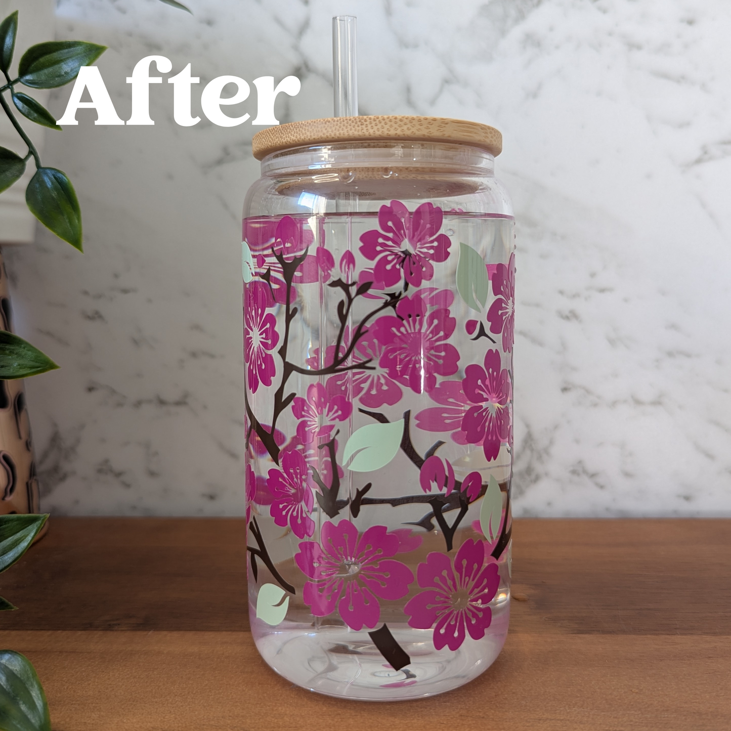 Cherry Blossom 16oz glass cup or 17oz glass mug with bamboo lid & reusable plastic straw
