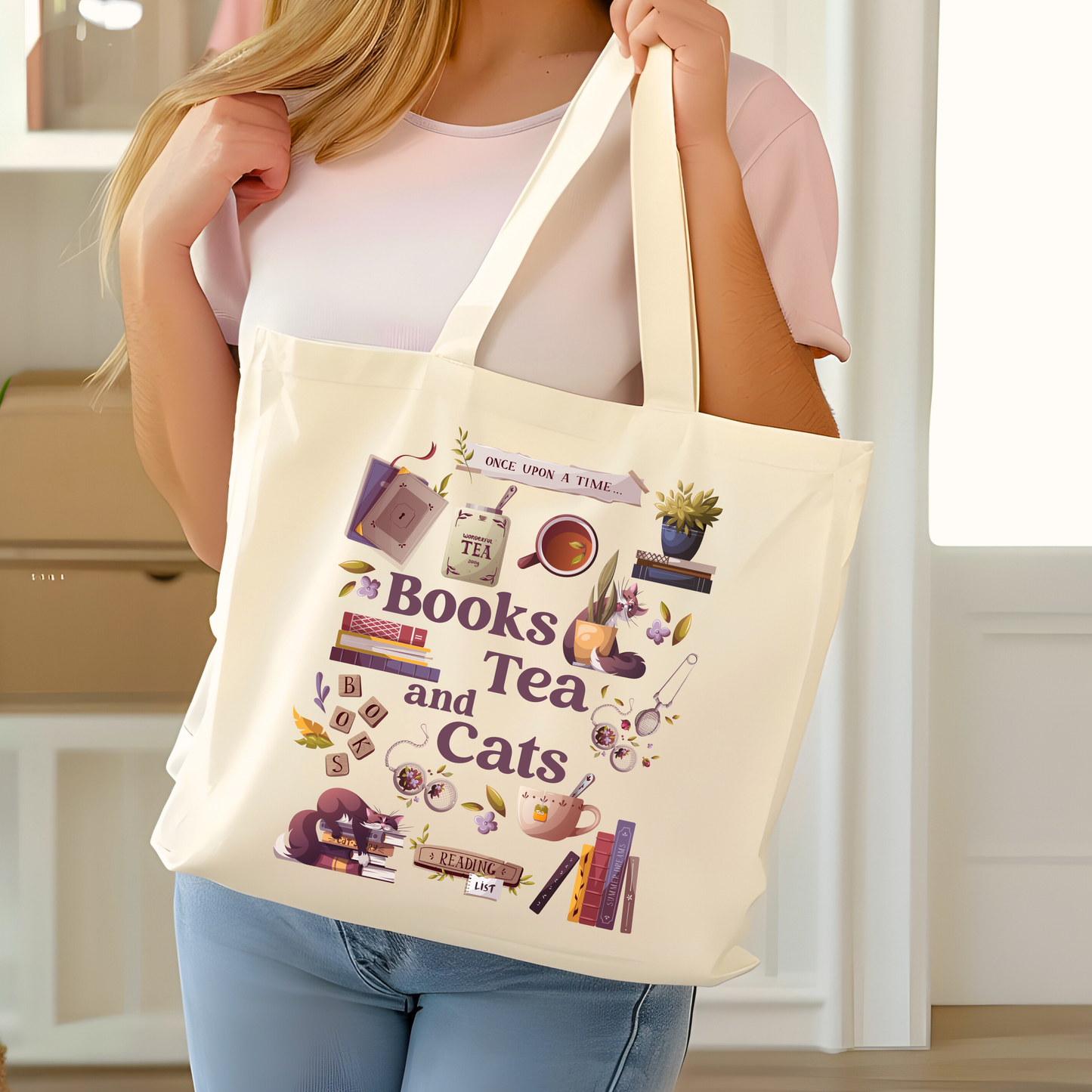 Books Coffee/ Tea & Cats Tote Bag