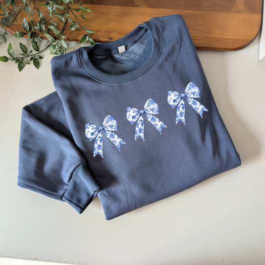 Antique Style Coquette Chinoiserie Blue Floral Bow Jumper