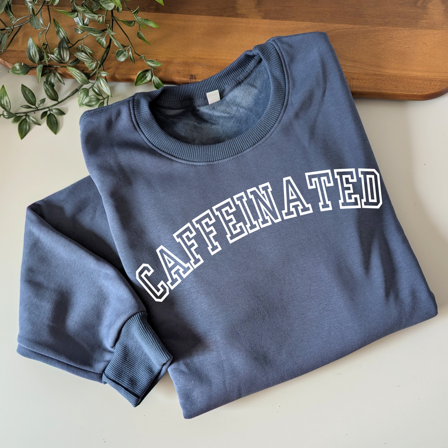 Caffeinated fleece jumper. Women's coffee lover sweatshirt. Caffeinated crewneck sweat. Grey jumper
