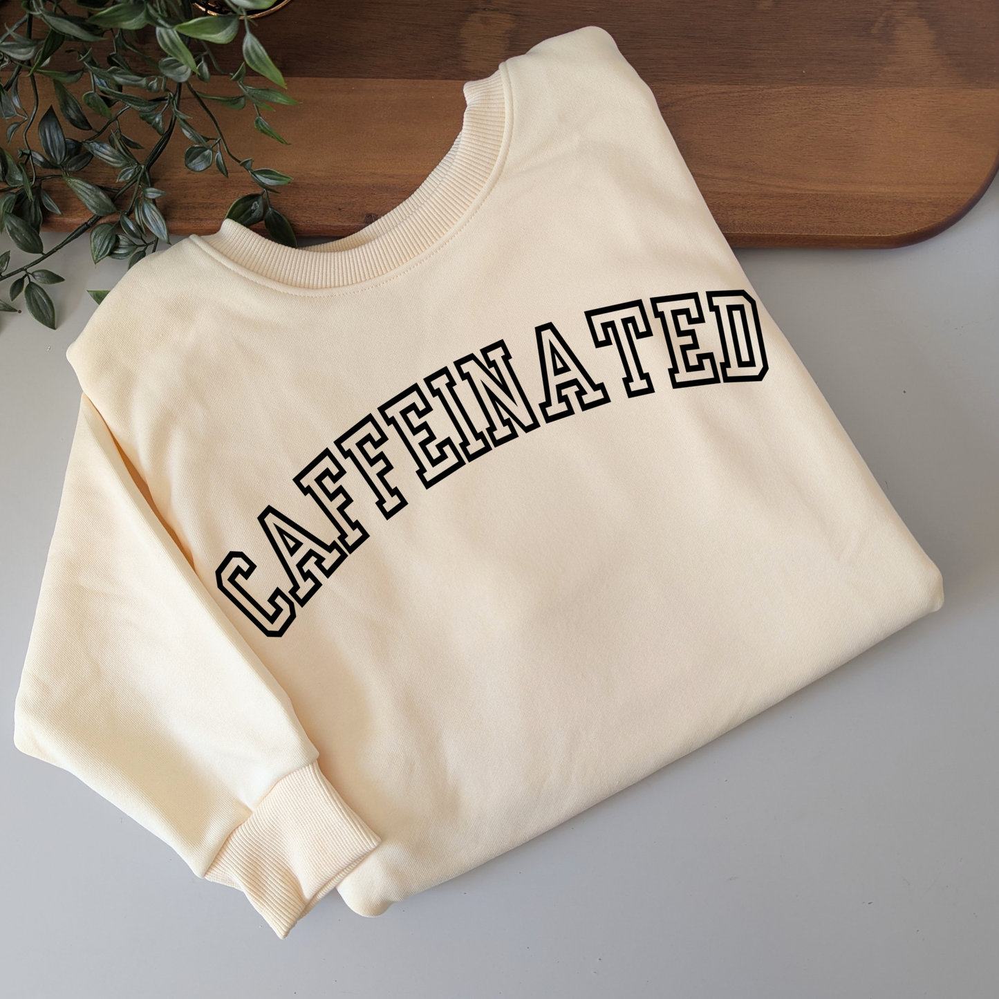 Caffeinated fleece jumper. Women's coffee lover sweatshirt. Caffeinated crewneck sweat. Grey jumper