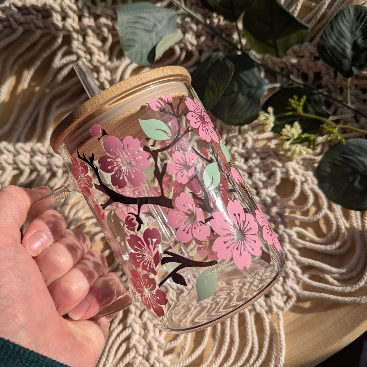 Cherry Blossom 16oz glass cup or 17oz glass mug with bamboo lid & reusable plastic straw