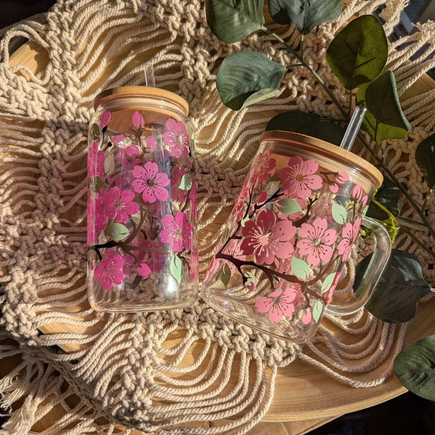 Cherry Blossom 16oz glass cup or 17oz glass mug with bamboo lid & reusable plastic straw