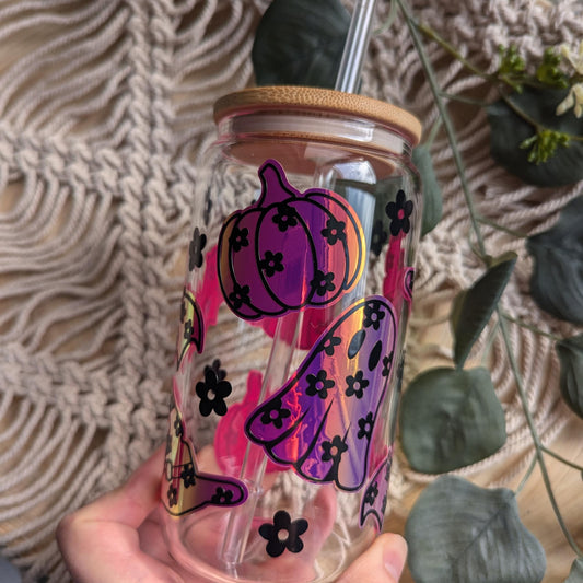 Spooky Daisy Pink Hologprahic Halloween 16oz glass cup, 16oz acrylic cup or 17oz glass mug. Girly Halloween, witches hat,pumpkin, bat, ghost