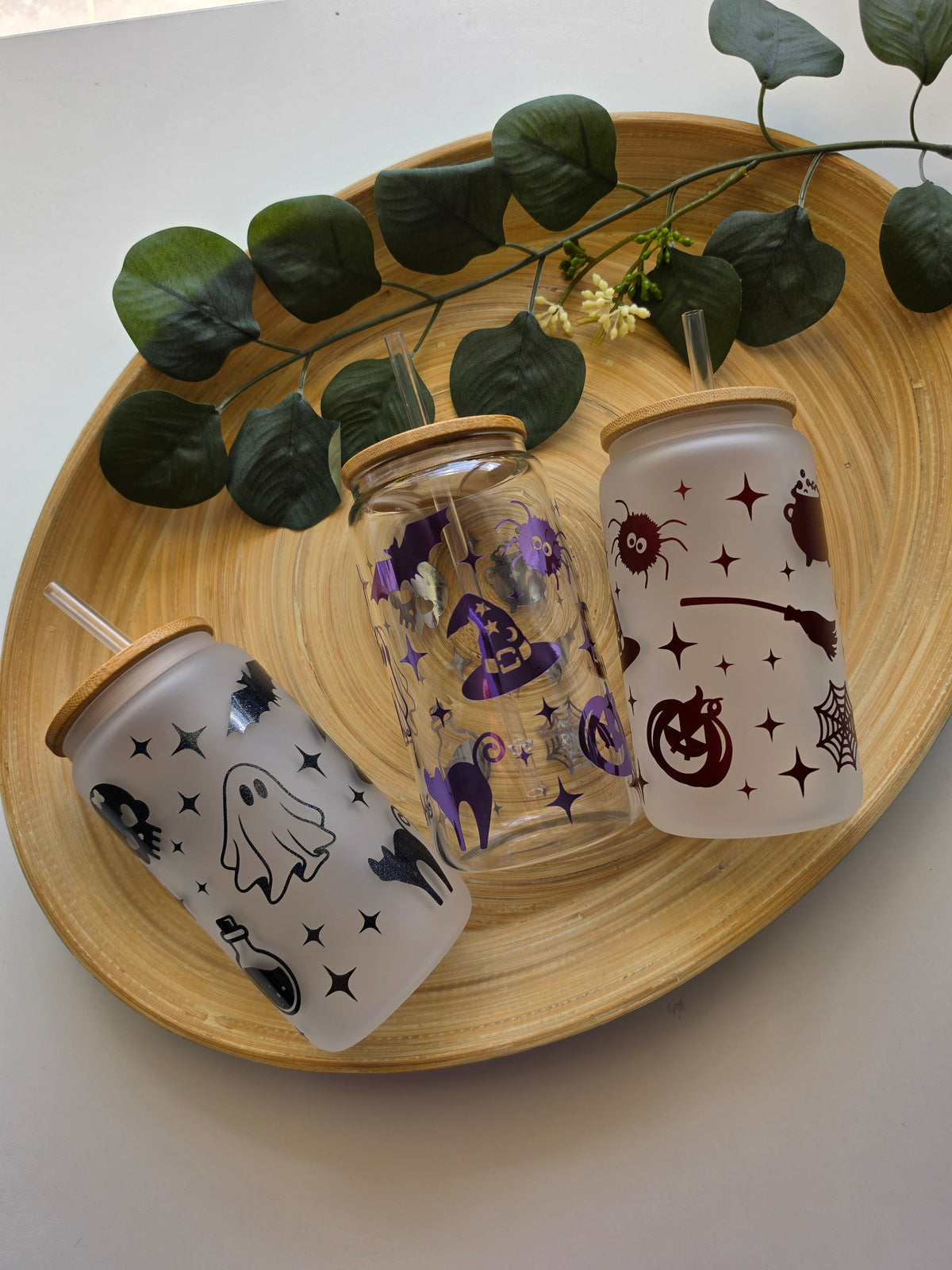 Spooky Halloween Design 16oz glass cup with bamboo lid & reusable plastic straw