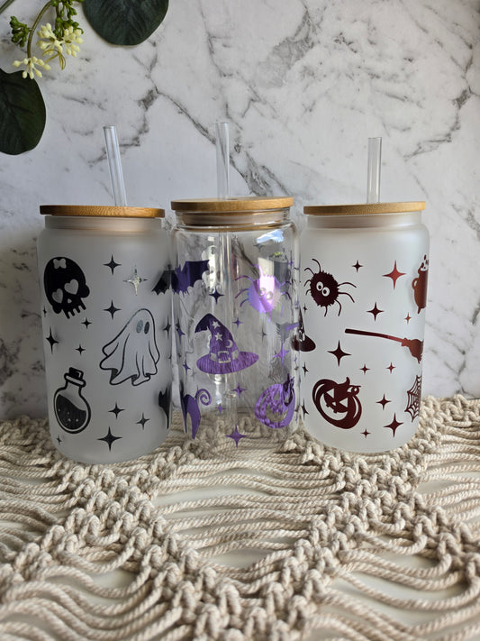 Spooky Halloween Design 16oz glass cup with bamboo lid & reusable plastic straw