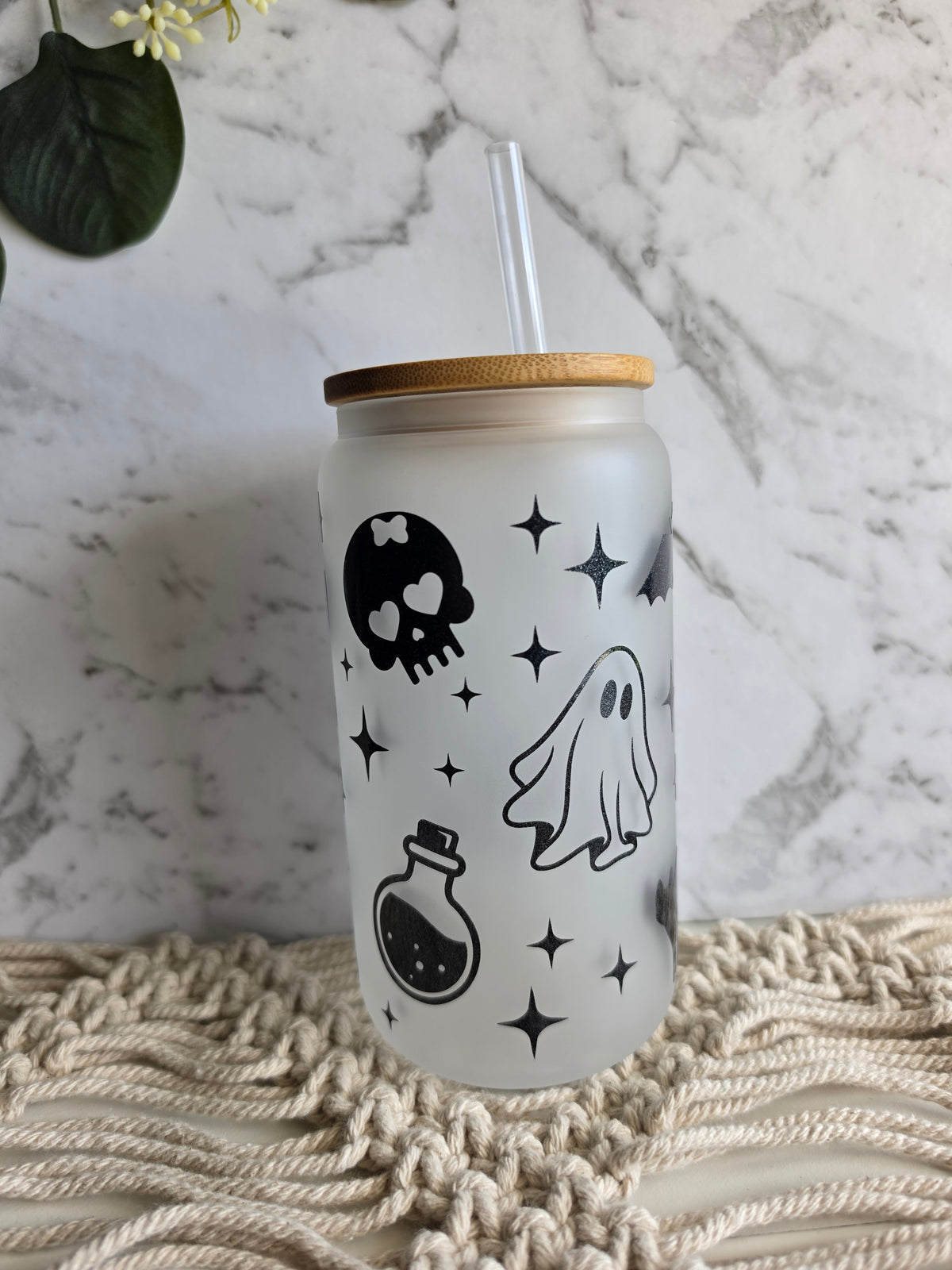 Spooky Halloween Design 16oz glass cup with bamboo lid & reusable plastic straw