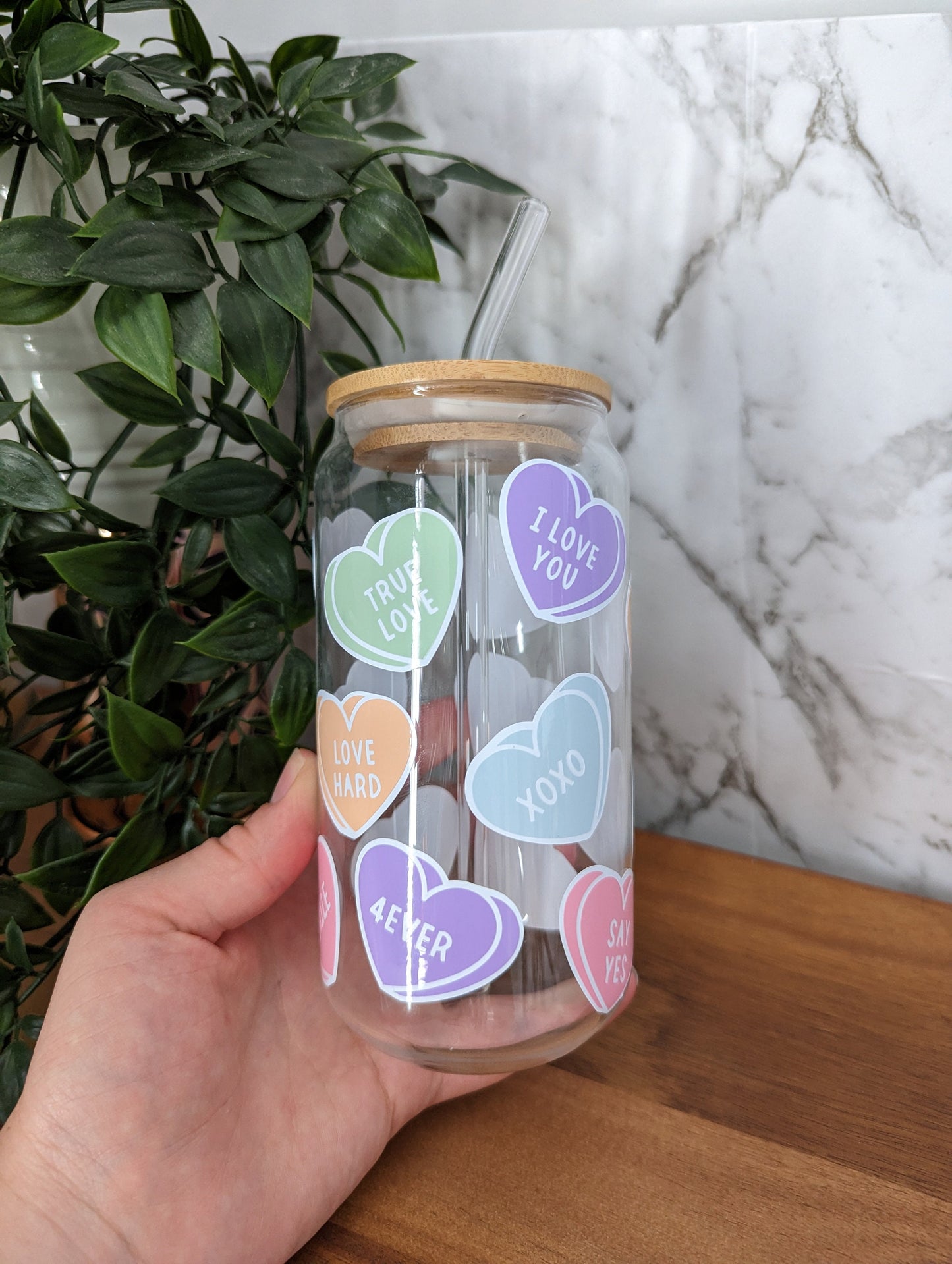 Pastel and white nice or rude heart candy 16oz glass can cup  or 17oz glass mug with bamboo lid and reusable straw. Cute iced coffee cup