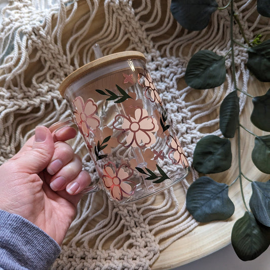 Boho cute flower 16oz glass can cup or 17oz glass mug with bamboo lid & reusable straw. Clear or frosted. Cute iced coffee cup. Iced tea